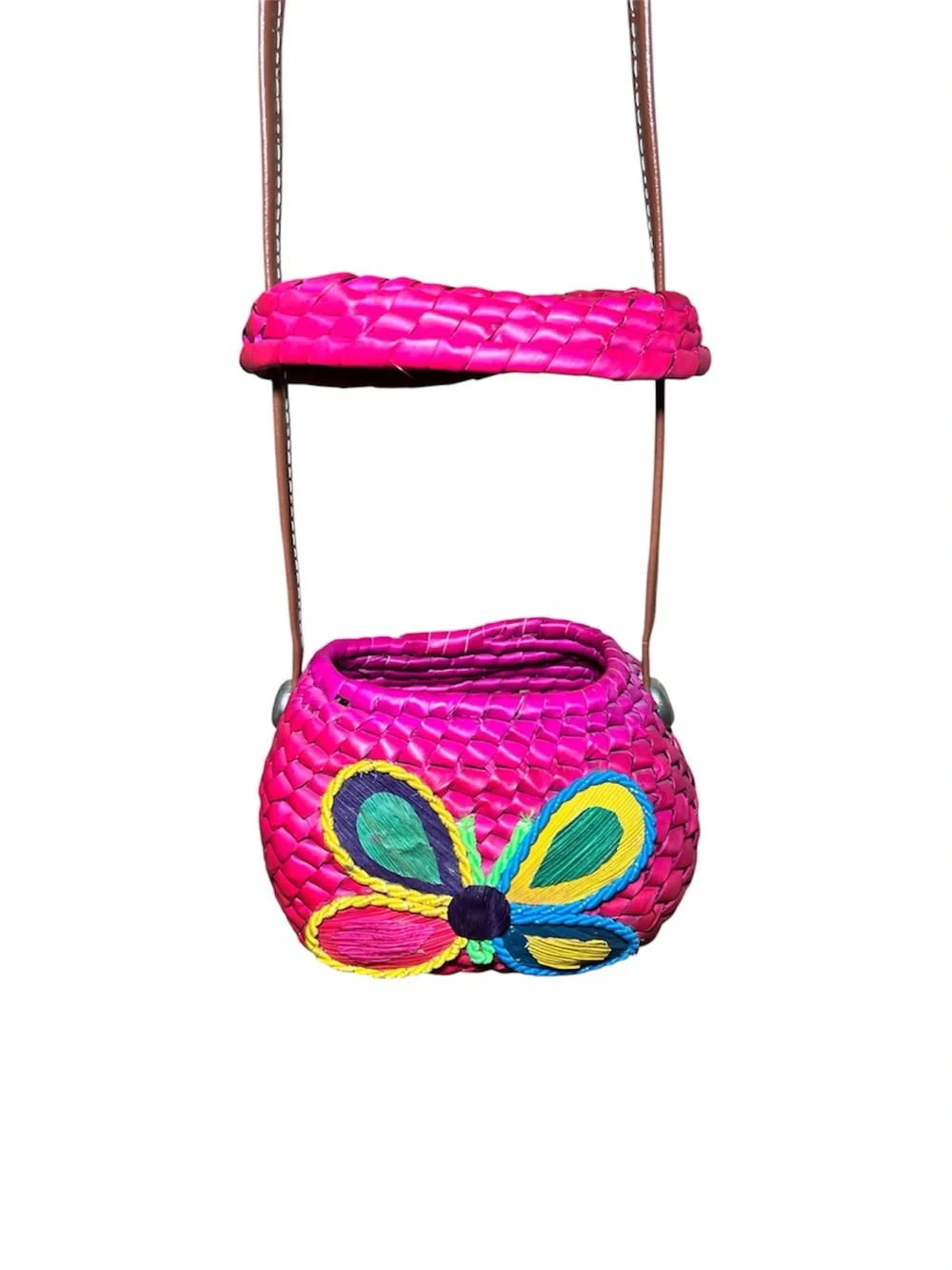 Handwoven Pink & Green Floral Crossbody Basket Bag